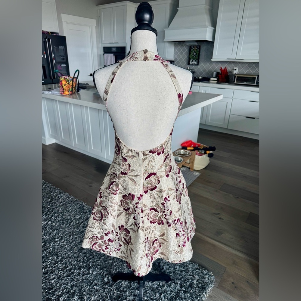 Dress the Population Medium Metallic Floral Halter Open Back Fit & Flare Dress
